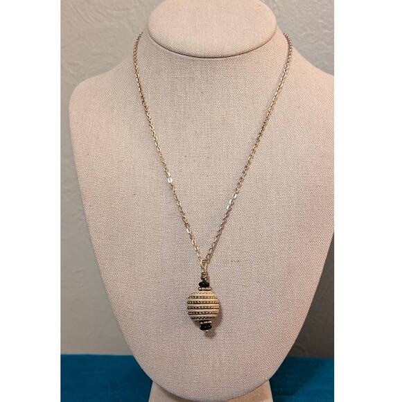 Cord Wrapped Beaded Orb Pendant on Gold Tone Spring Ring Clasp 18" Chain - Picture 1 of 5